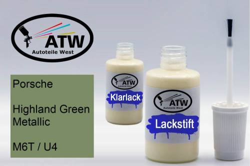 Porsche, Highland Green Metallic, M6T / U4: 20ml Lackstift + 20ml Klarlack - Set, von ATW Autoteile West.